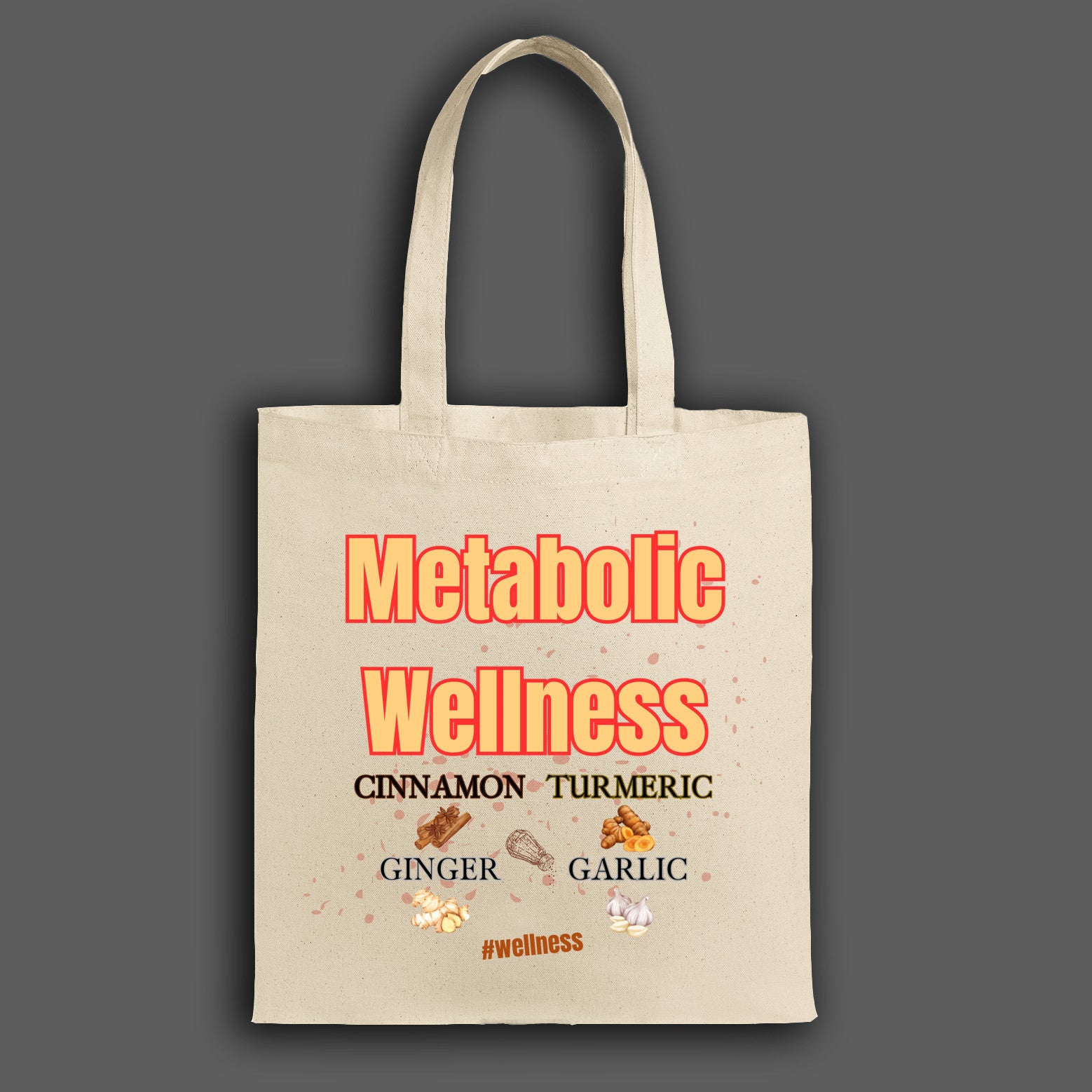 Canvas tote bag featuring colorful illustrated metabolic wellness spices including cinnamon, turmeric, and ginger, with sturdy cotton straps.