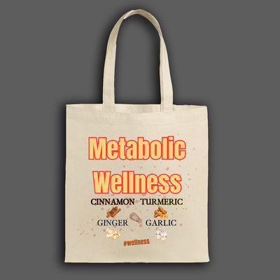 Canvas tote bag featuring colorful illustrated metabolic wellness spices including cinnamon, turmeric, and ginger, with sturdy cotton straps.