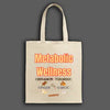 Canvas tote bag featuring colorful illustrated metabolic wellness spices including cinnamon, turmeric, and ginger, with sturdy cotton straps.