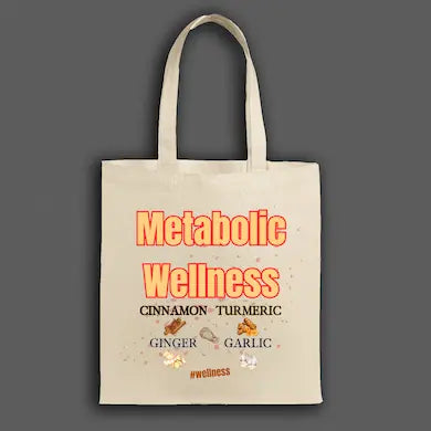Canvas tote bag featuring colorful illustrated metabolic wellness spices including cinnamon, turmeric, and ginger, with sturdy cotton straps.
