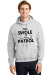 Swole Patrol Hoodie in matte black, athletic fit, worn by athlete lifting weights in gym setting