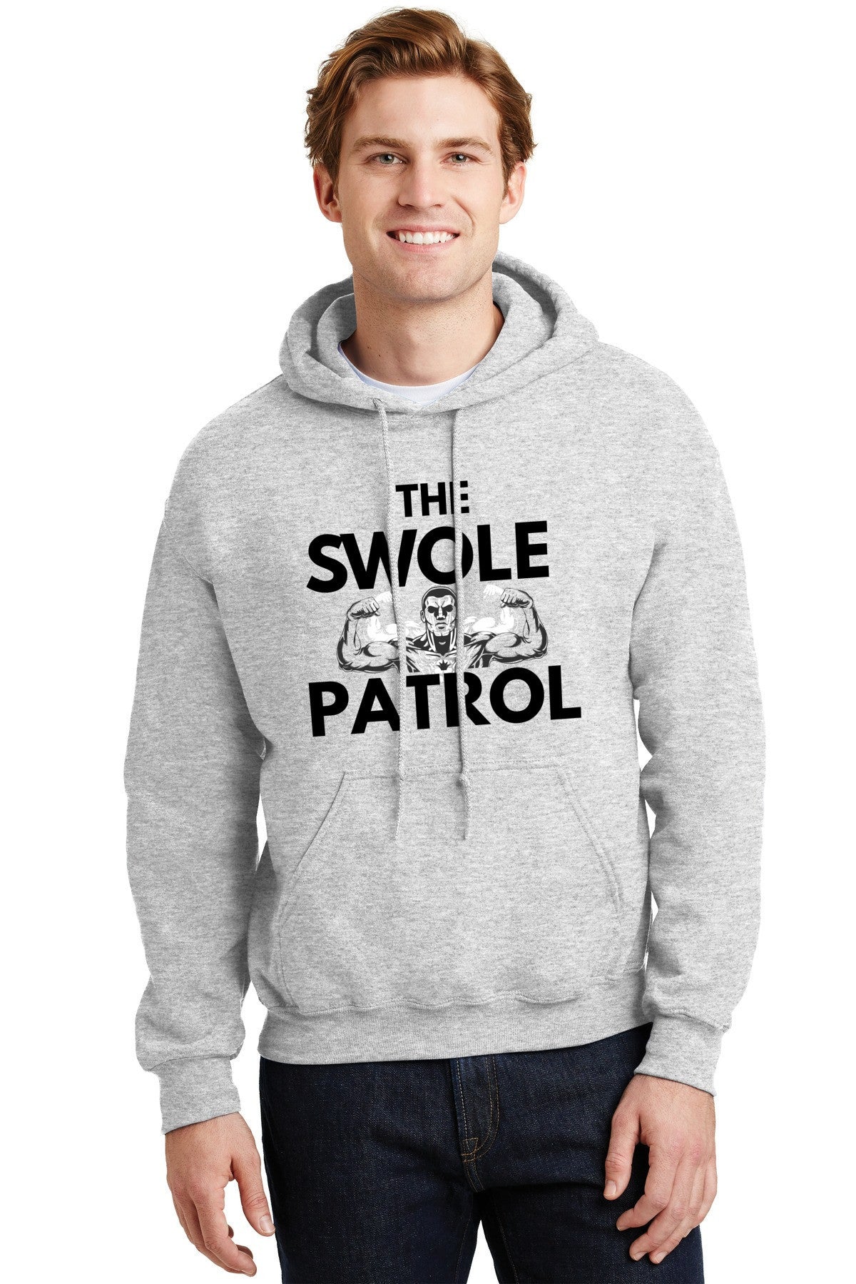 Swole Patrol Hoodie in matte black, athletic fit, worn by athlete lifting weights in gym setting