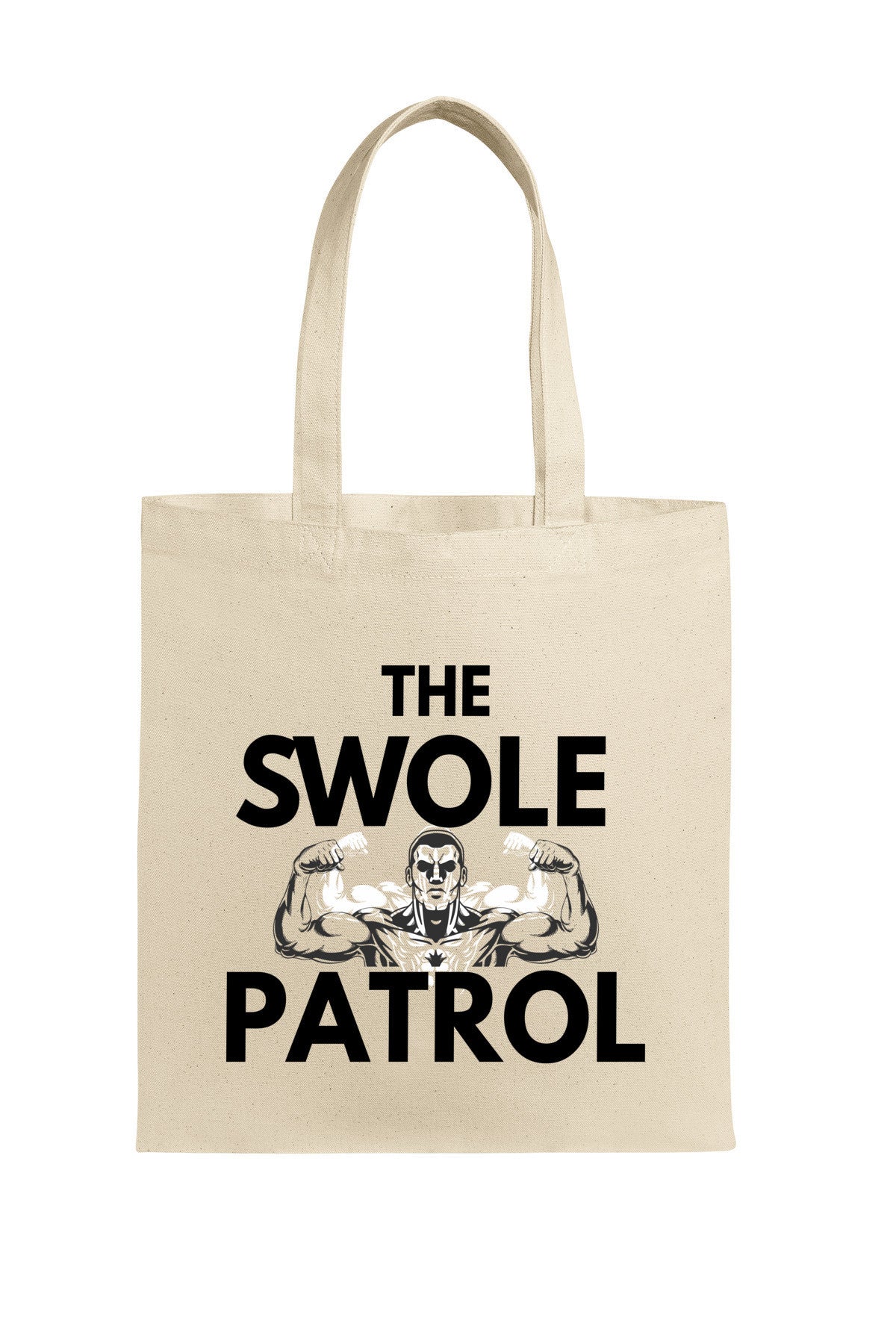 Swole Patrol Tote in matte black, roomy design with gym and lifestyle essentials, carried by athlete in urban gym setting