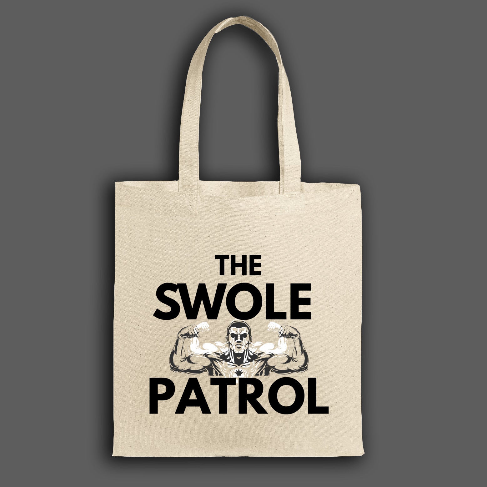Swole Patrol Tote in matte black, roomy design with gym and lifestyle essentials, carried by athlete in urban gym setting