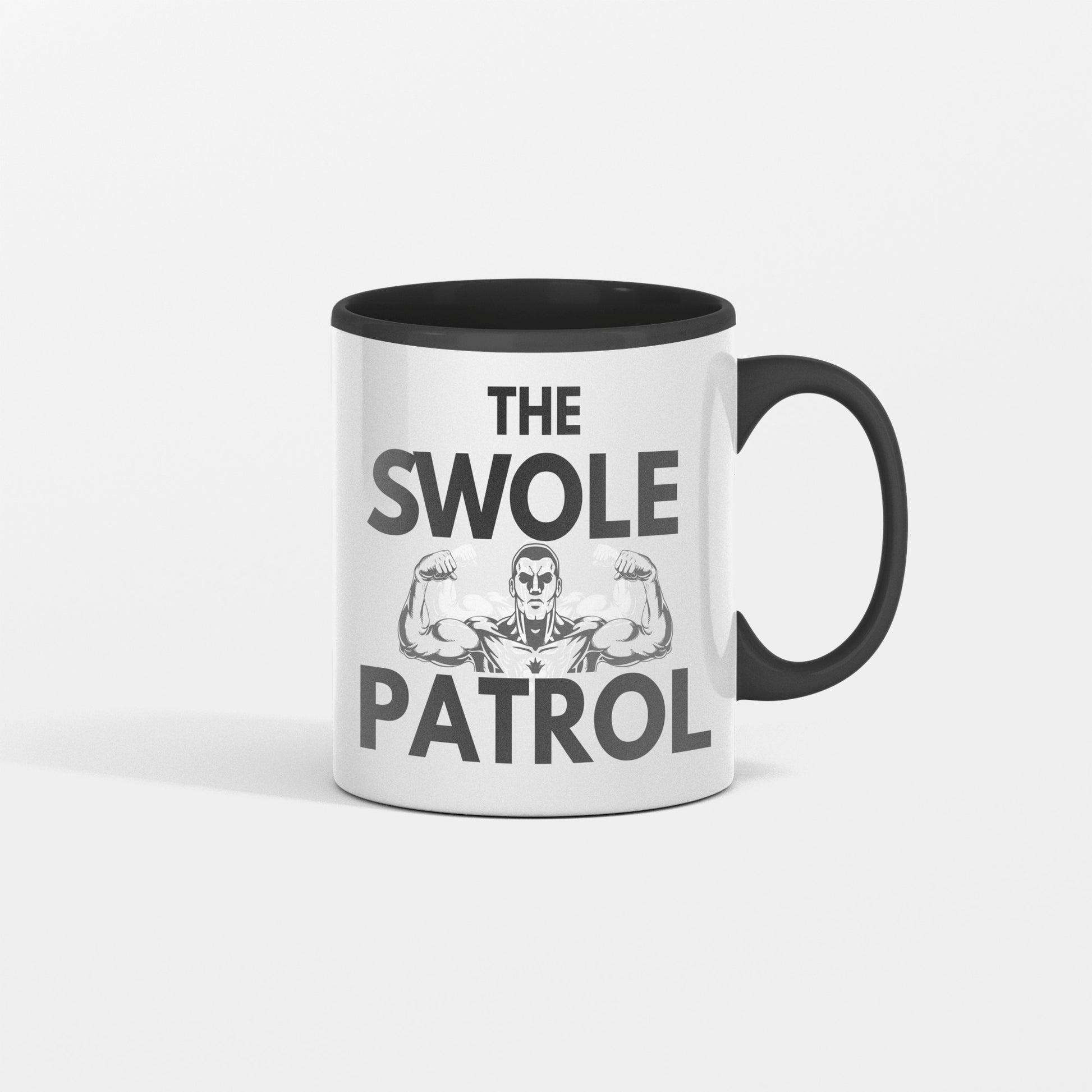 Swole Patrol Mug in matte black with bold logo, filled with steaming coffee, gym background