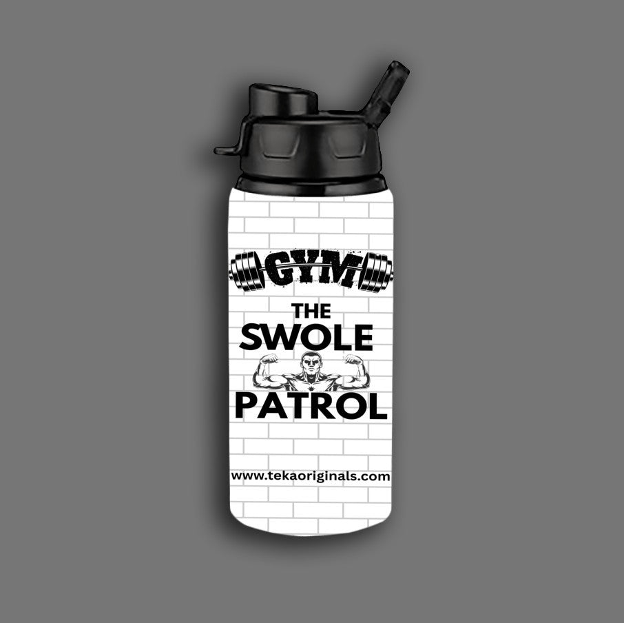 Swole Patrol Aluminium Water Bottle in matte black with sports cap, gym background, showcasing durable design