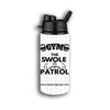Swole Patrol Aluminium Water Bottle in matte black with sports cap, gym background, showcasing durable design