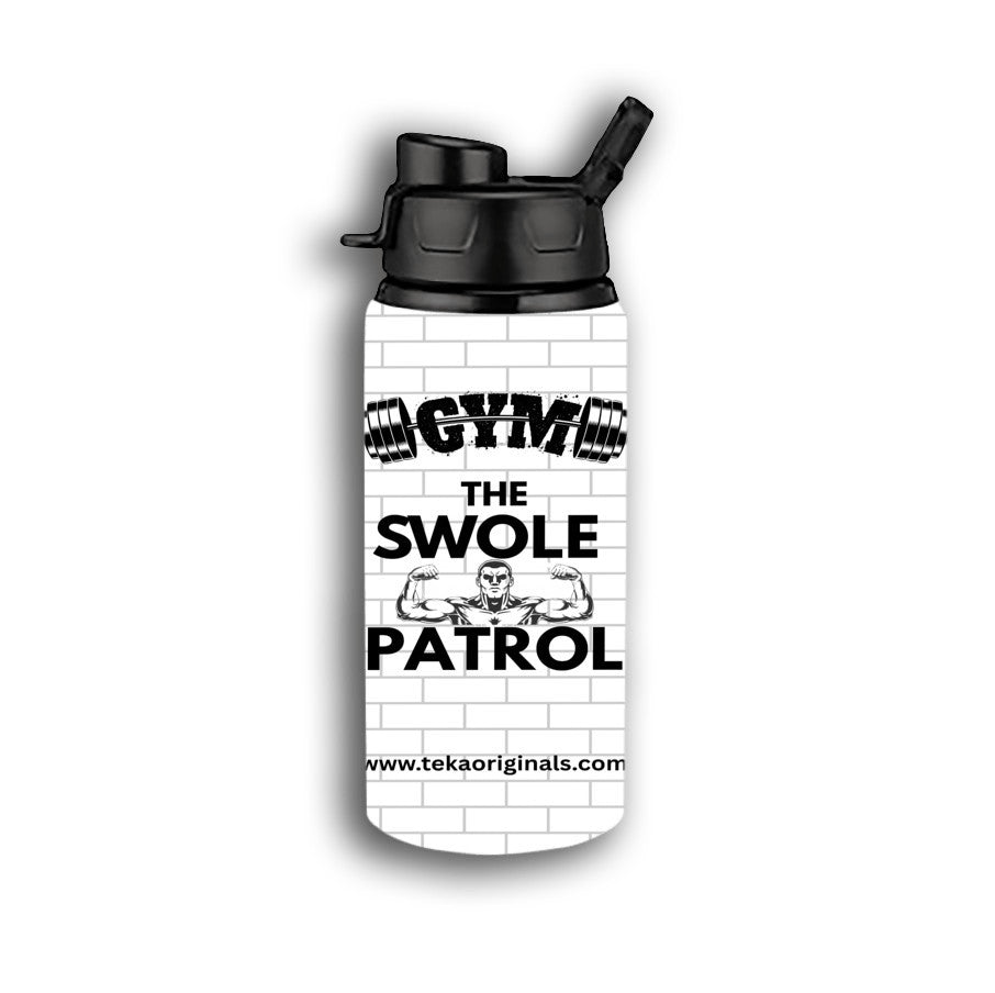 Swole Patrol Aluminium Water Bottle in matte black with sports cap, gym background, showcasing durable design
