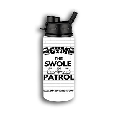 Swole Patrol Aluminium Water Bottle in matte black with sports cap, gym background, showcasing durable design