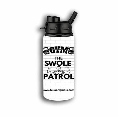 Swole Patrol Aluminium Water Bottle in matte black with sports cap, gym background, showcasing durable design