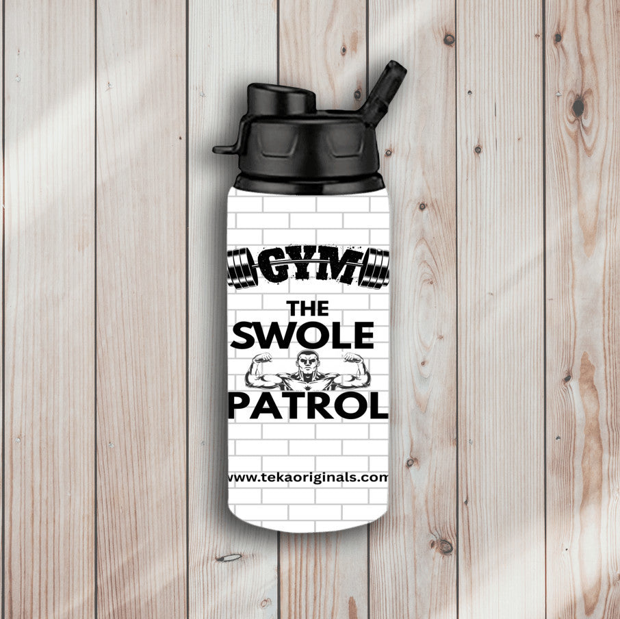 Swole Patrol Aluminium Water Bottle in matte black with sports cap, gym background, showcasing durable design
