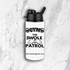 Swole Patrol Aluminium Water Bottle in matte black with sports cap, gym background, showcasing durable design