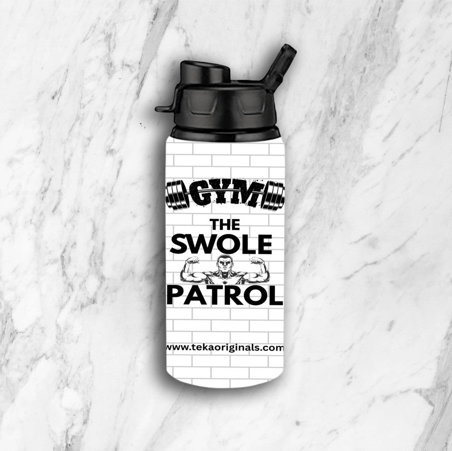 Swole Patrol Aluminium Water Bottle in matte black with sports cap, gym background, showcasing durable design