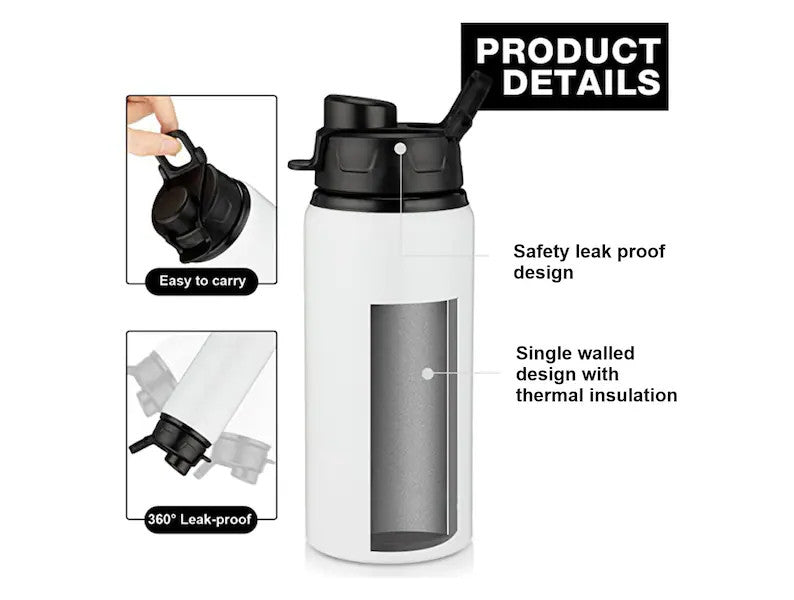 Swole Patrol Aluminium Water Bottle in matte black with sports cap, gym background, showcasing durable design
