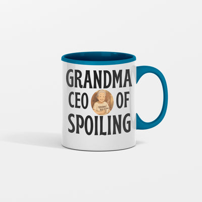 White ceramic mug with bold “Grandma – CEO of Spoiling” design in playful typography, symbolizing humor and love.