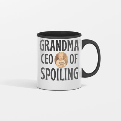 White ceramic mug with bold “Grandma – CEO of Spoiling” design in playful typography, symbolizing humor and love.