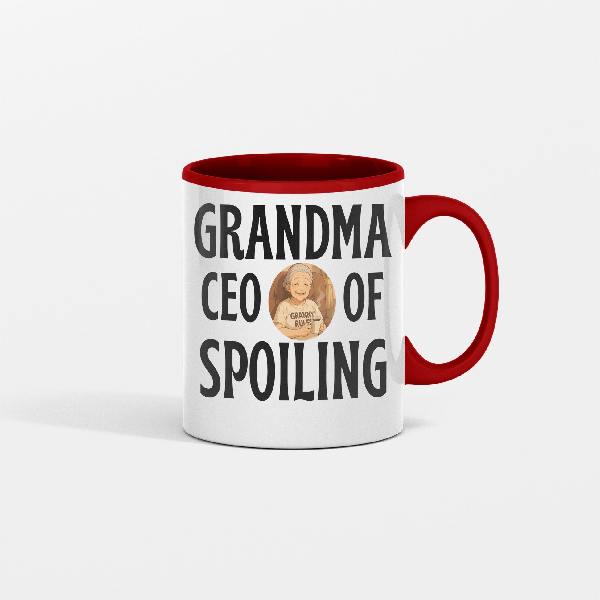 White ceramic mug with bold “Grandma – CEO of Spoiling” design in playful typography, symbolizing humor and love.