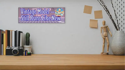 Wooden plaque with bold engraved text “Vintage Model – Still Runs Like New,” designed for grandmothers as a funny and heartfelt décor piece.