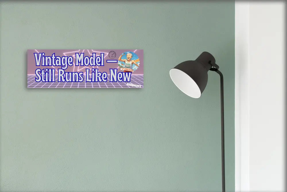 Wooden plaque with bold engraved text “Vintage Model – Still Runs Like New,” designed for grandmothers as a funny and heartfelt décor piece.