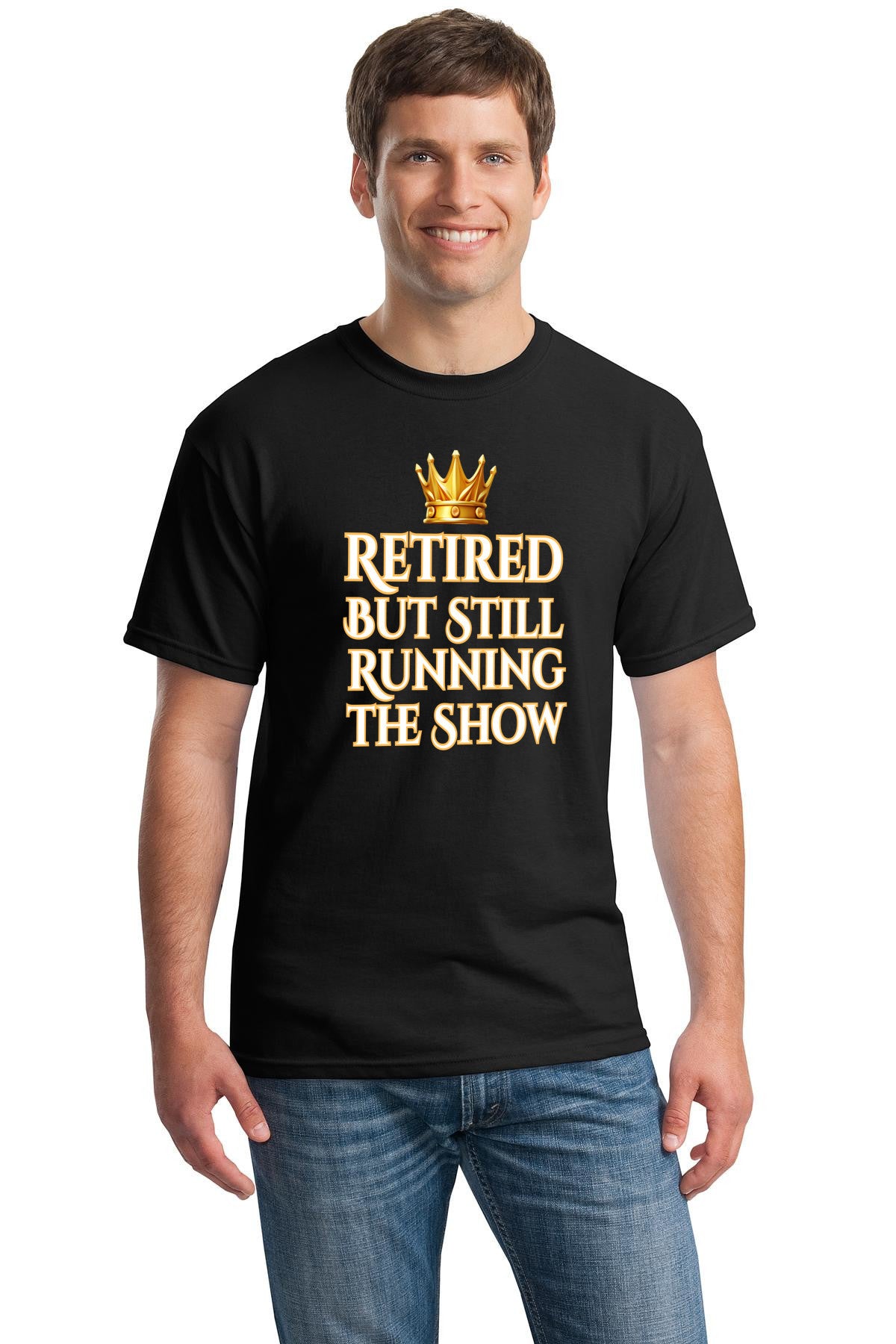 Grandma and grandpa wearing "Retired But Still Running the Show" funny retirement T-shirt, smiling with confidence.