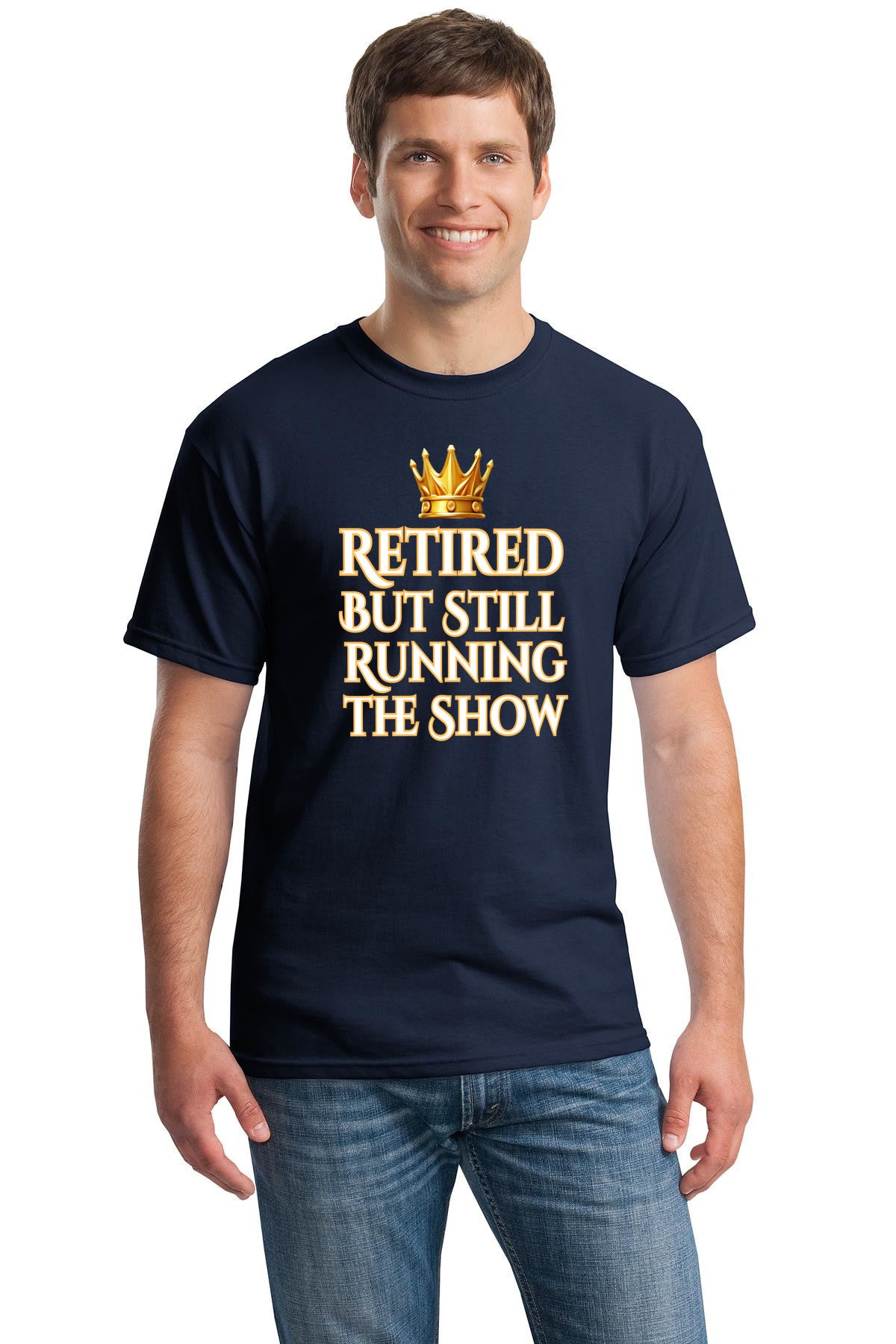 Grandma and grandpa wearing "Retired But Still Running the Show" funny retirement T-shirt, smiling with confidence.