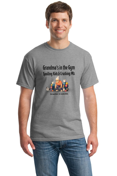 Grandma powerlifting graphic tee with slogan “Spoiling Kids & Crushing PRs”