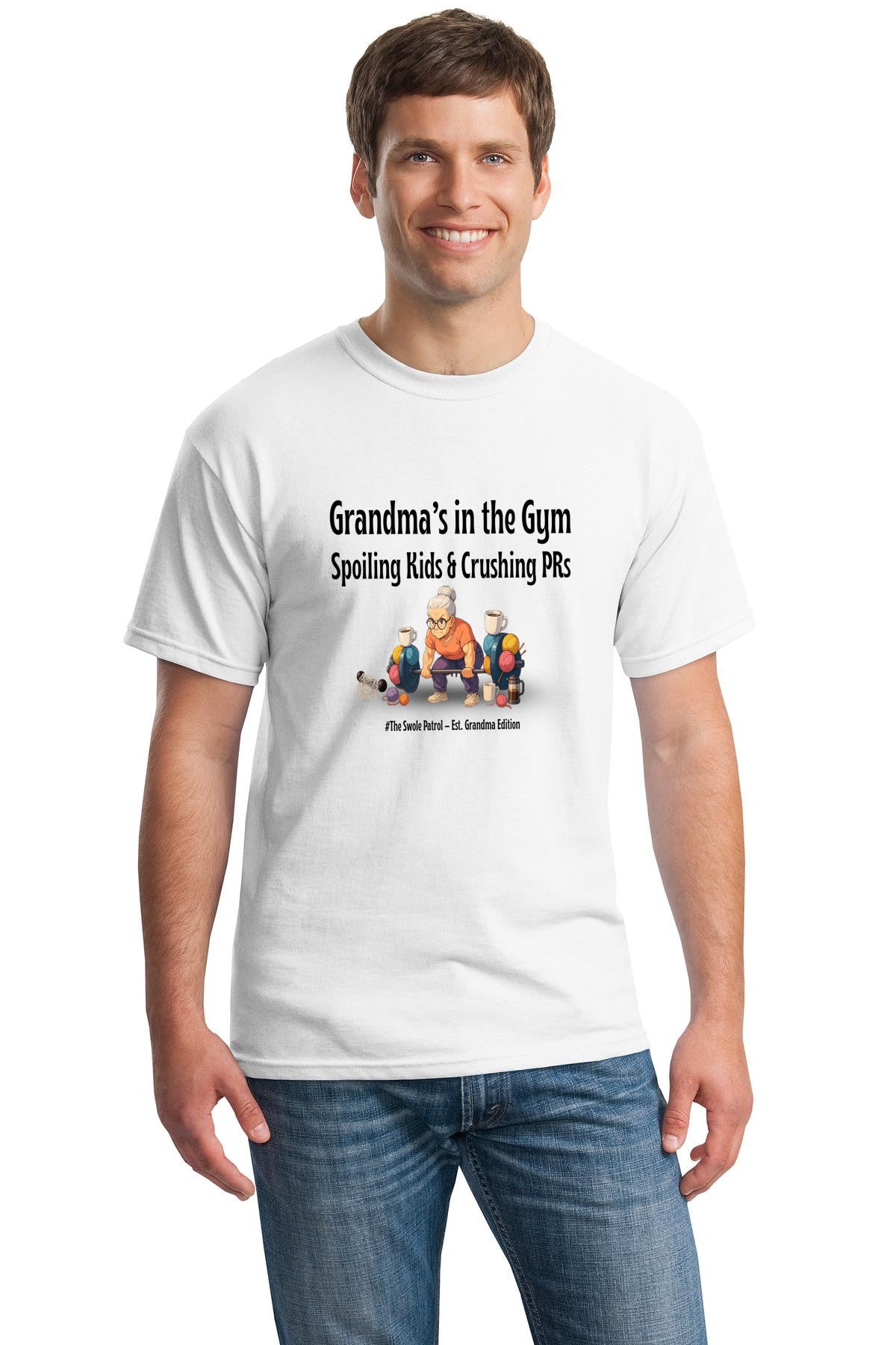 Grandma powerlifting graphic tee with slogan “Spoiling Kids & Crushing PRs”