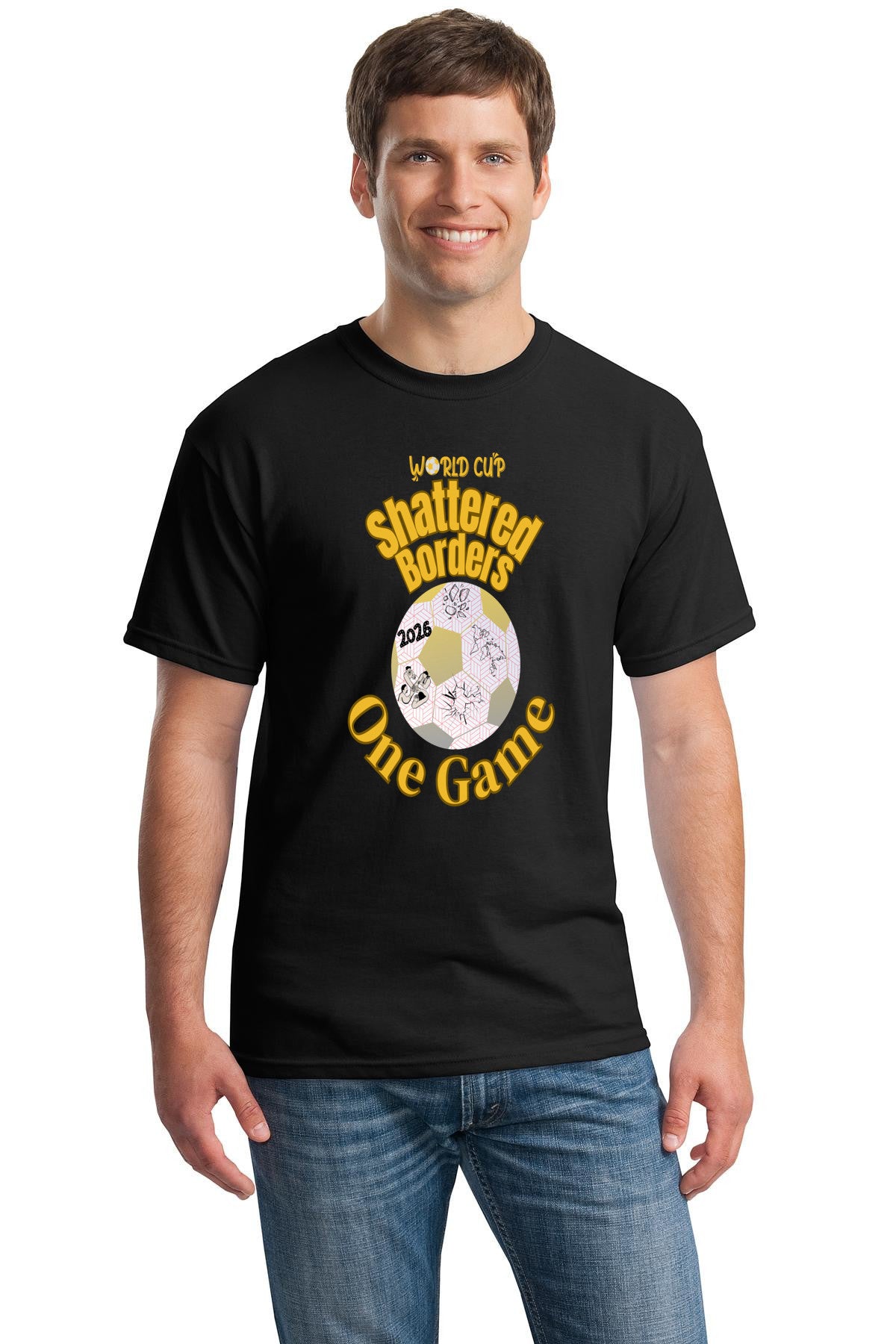 “Shattered Borders – One Game World Cup 2026 T-Shirt featuring fractured world map panels with glowing seams symbolizing soccer unity.”