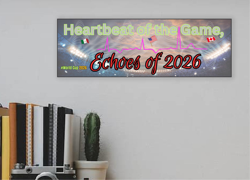 Plaque design reading Heartbeat of the Game, Echoes of 2026 with heartbeat line shaping into a World Cup ball, radiating soundwaves.