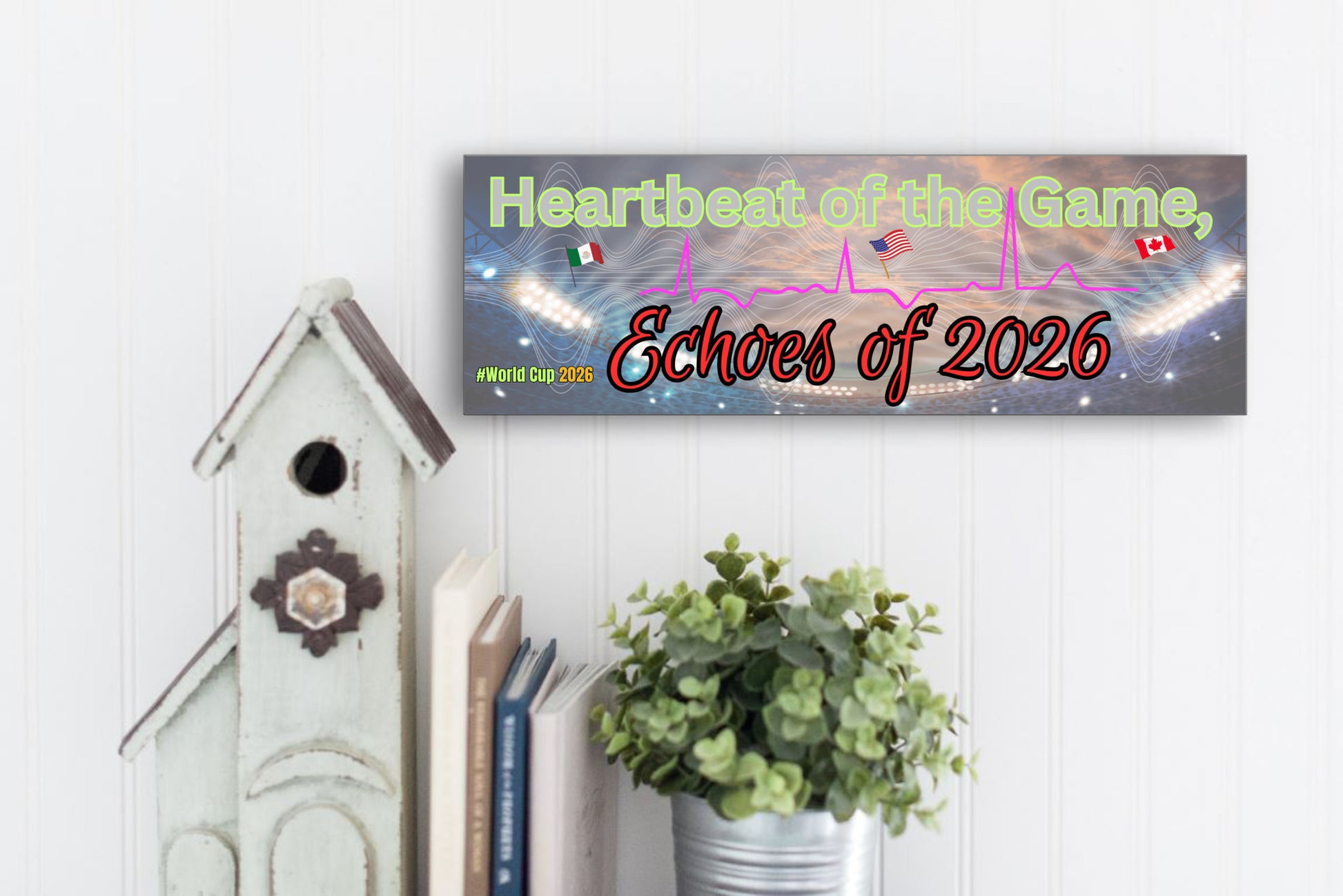 Plaque design reading Heartbeat of the Game, Echoes of 2026 with heartbeat line shaping into a World Cup ball, radiating soundwaves.