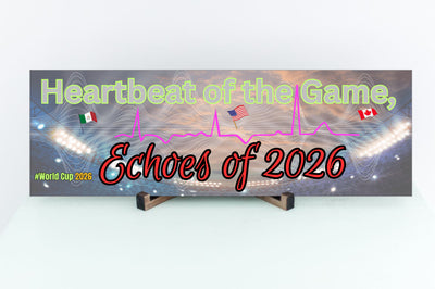 Plaque design reading Heartbeat of the Game, Echoes of 2026 with heartbeat line shaping into a World Cup ball, radiating soundwaves.