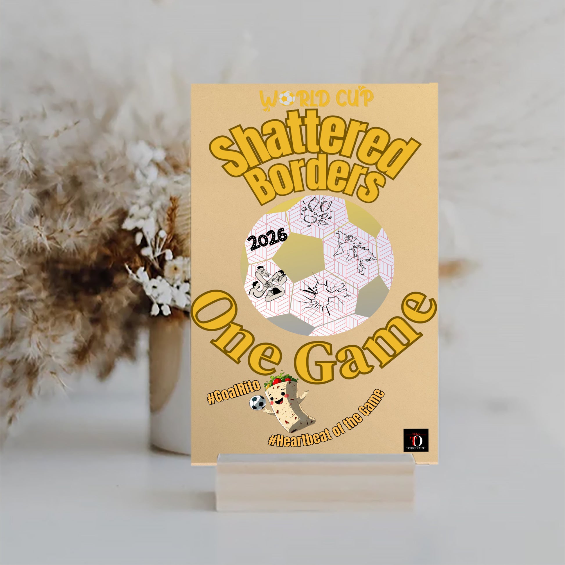 “Shattered Borders – One Game Plaque: Limited Edition World Cup 2026 wall art with fractured design symbolizing unity through football.”