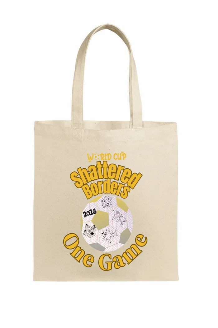 “Canvas tote bag with bold fractured-border World Cup 2026 design, symbolizing unity through one game. Durable, limited edition fan merch.”