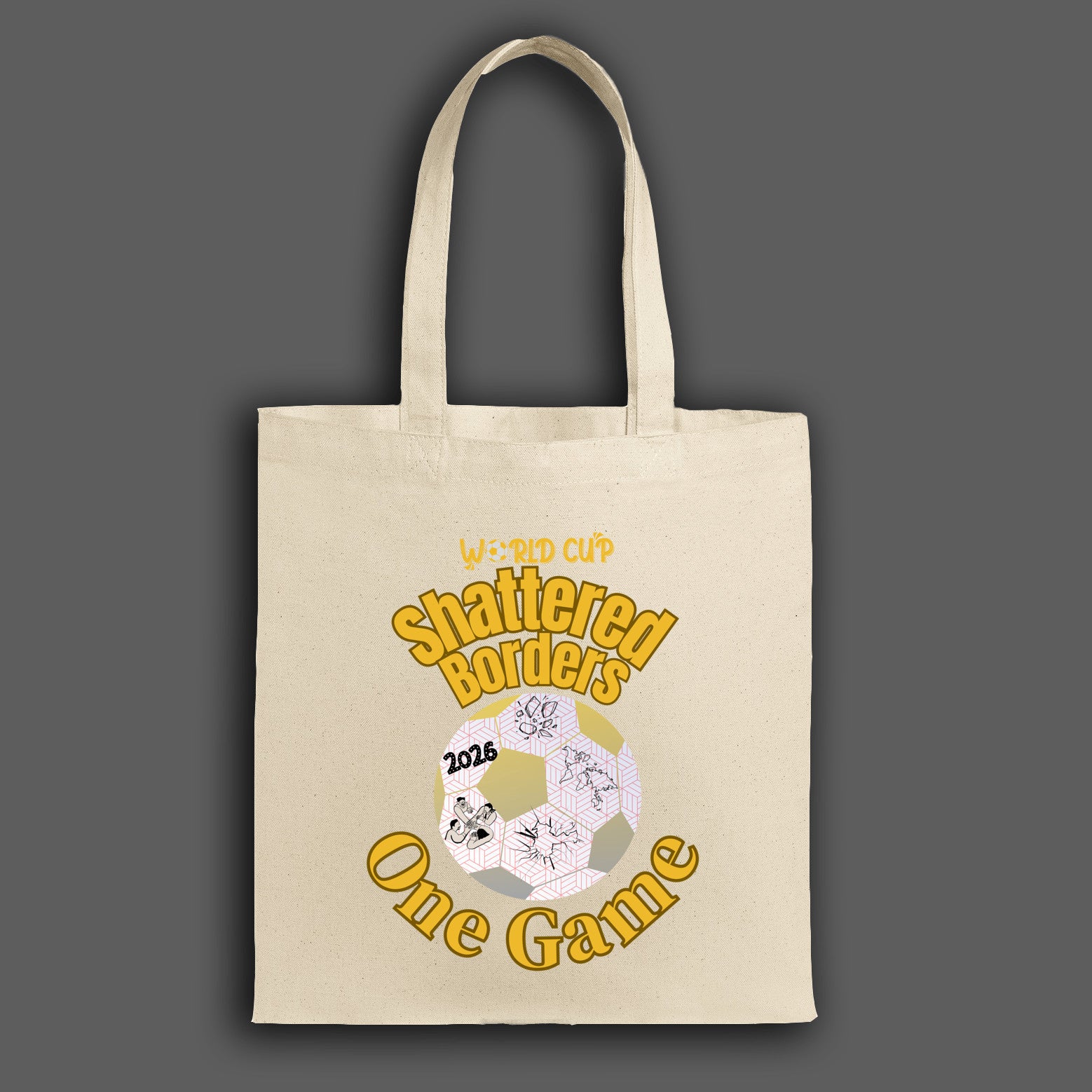 “Canvas tote bag with bold fractured-border World Cup 2026 design, symbolizing unity through one game. Durable, limited edition fan merch.”