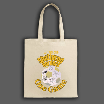 “Canvas tote bag with bold fractured-border World Cup 2026 design, symbolizing unity through one game. Durable, limited edition fan merch.”