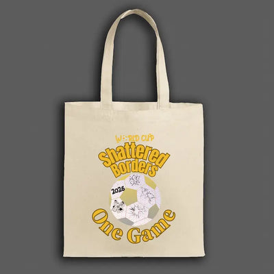“Canvas tote bag with bold fractured-border World Cup 2026 design, symbolizing unity through one game. Durable, limited edition fan merch.”