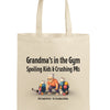 Anime-style illustration of a tough grandmother carrying the “Grandma’s in the Gym Tote Bag” into a gym filled with weights.