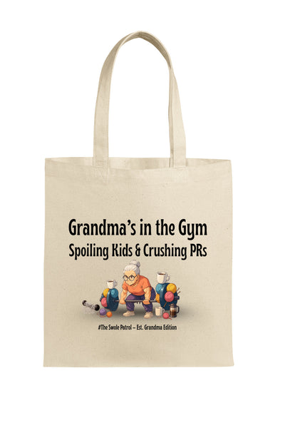 Anime-style illustration of a tough grandmother carrying the “Grandma’s in the Gym Tote Bag” into a gym filled with weights.
