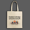 Anime-style illustration of a tough grandmother carrying the “Grandma’s in the Gym Tote Bag” into a gym filled with weights.