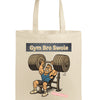 Anime-style illustration of athlete carrying the Gym Bro Swole Tote Bag, mid-squat in an industrial gym, bold black lettering, powerful stance.