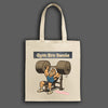 Anime-style illustration of athlete carrying the Gym Bro Swole Tote Bag, mid-squat in an industrial gym, bold black lettering, powerful stance.