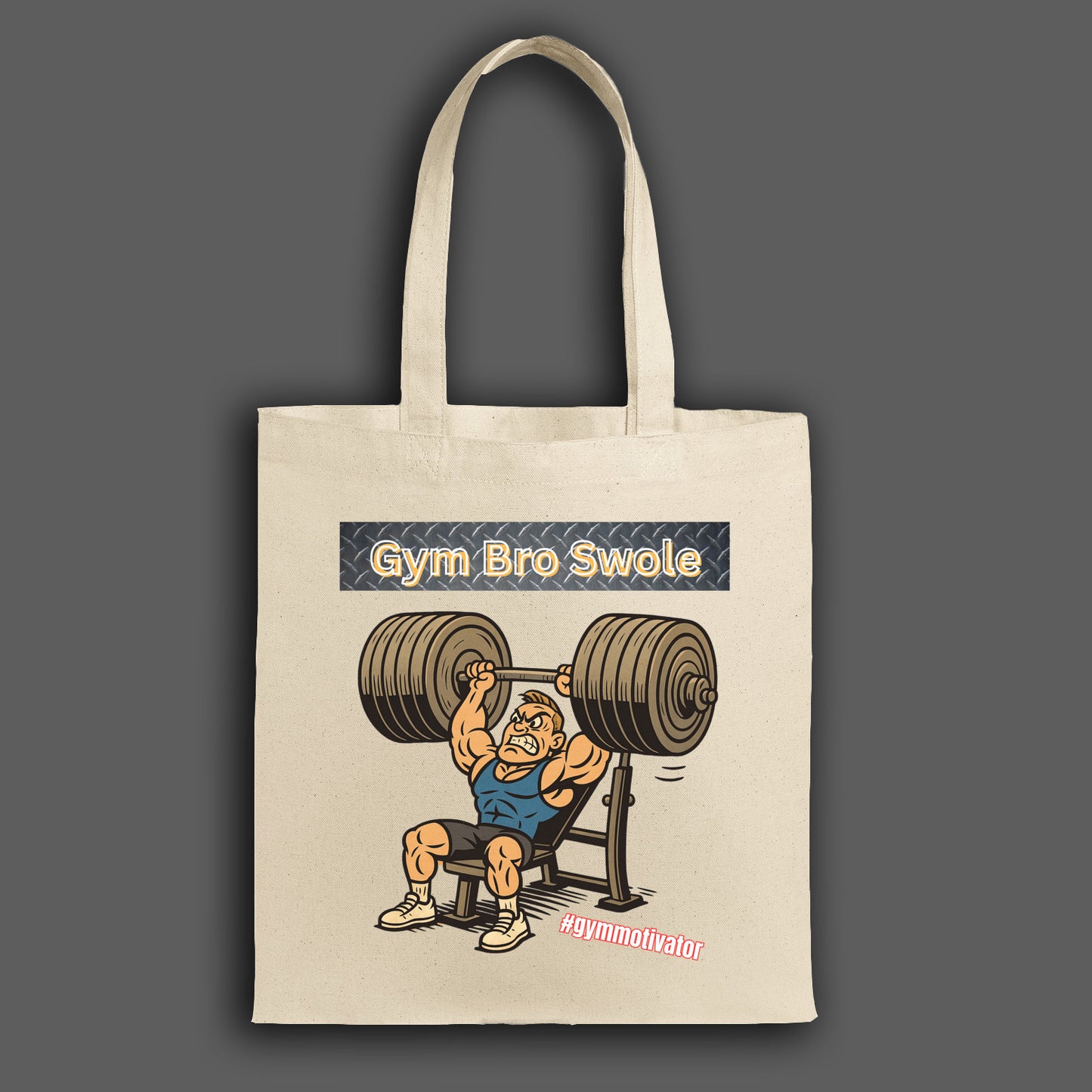 Anime-style illustration of athlete carrying the Gym Bro Swole Tote Bag, mid-squat in an industrial gym, bold black lettering, powerful stance.