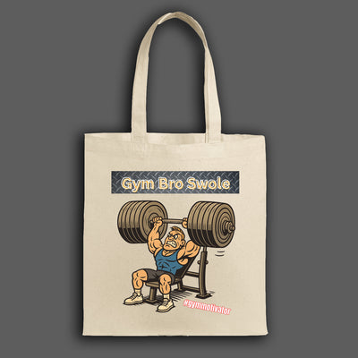 Anime-style illustration of athlete carrying the Gym Bro Swole Tote Bag, mid-squat in an industrial gym, bold black lettering, powerful stance.