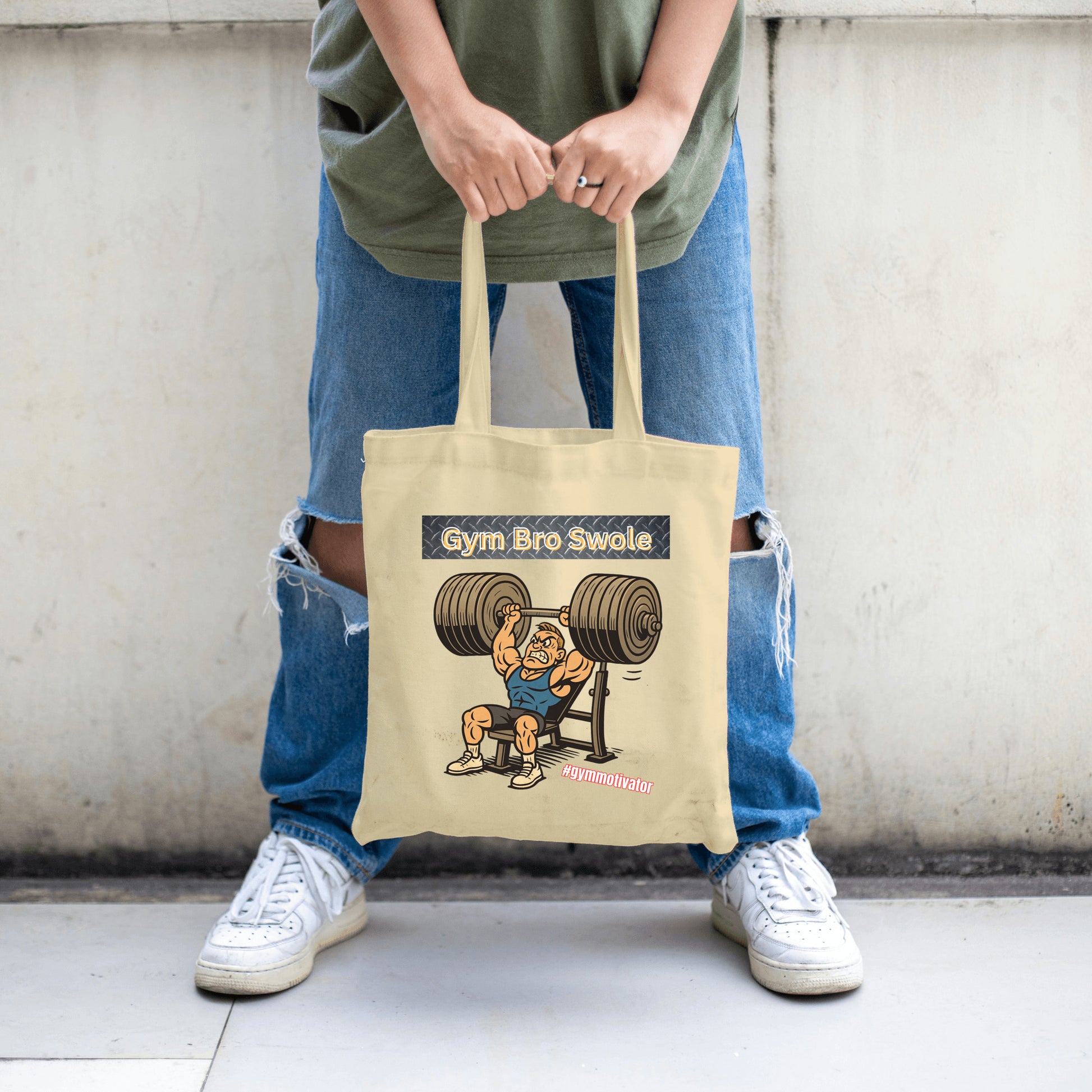Anime-style illustration of athlete carrying the Gym Bro Swole Tote Bag, mid-squat in an industrial gym, bold black lettering, powerful stance.
