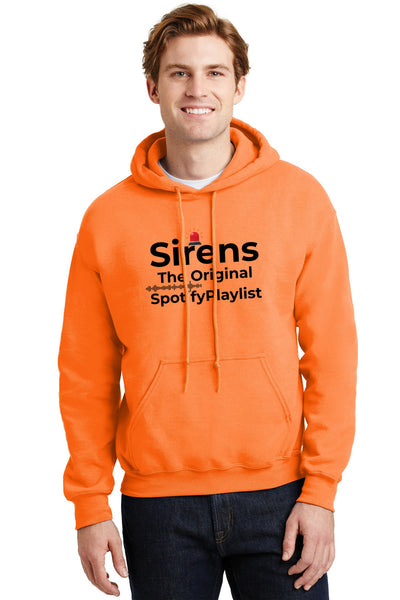 “First Responder Hoodie with bold text design reading ‘Sirens: The Original Spotify Playlist’ – humor apparel for paramedics, firefighters, and police”