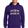 First responder hoodie with bold slogan “Shift Never Ends, Just the Overtime Pay” in rugged typography, styled for firefighters, EMTs, and police.
