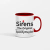 White ceramic mug with bold black text reading “Sirens: The Original Spotify Playlist,” styled with playful typography, symbolizing humor and resilience for first responders.