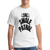 “Man wearing a white T-shirt with bold black text that reads ‘The Swole Patrol’ featuring flexing arm graphics.”