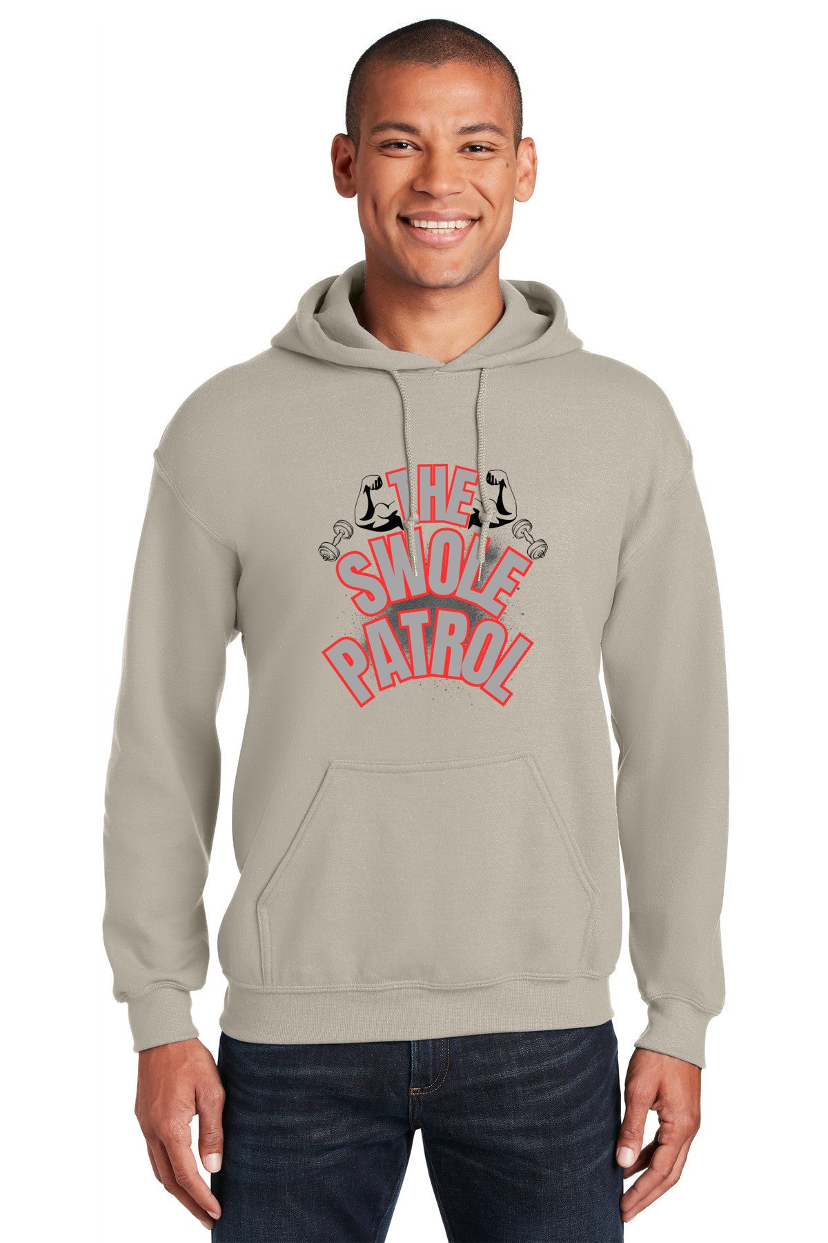 “Man wearing a hoodie with bold text that reads ‘The Swole Patrol’ featuring flexing arm graphics.”