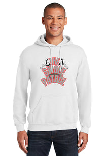“Man wearing a hoodie with bold text that reads ‘The Swole Patrol’ featuring flexing arm graphics.”
